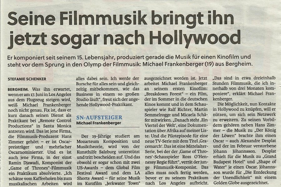 Seine Filmmusik bringt ihn jetzt sogar nach Hollywood, SN